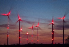 15 January 2020, Brandenburg, Sieversdorf: Red position lights shine on wind turbines in the &quot;Odervorland&quot; wind farm in the Oder-Spree district. Photo: Patrick Pleul/dpa-Zentralbild/ZB (Photo by Patrick Pleul/picture alliance via Getty Images)