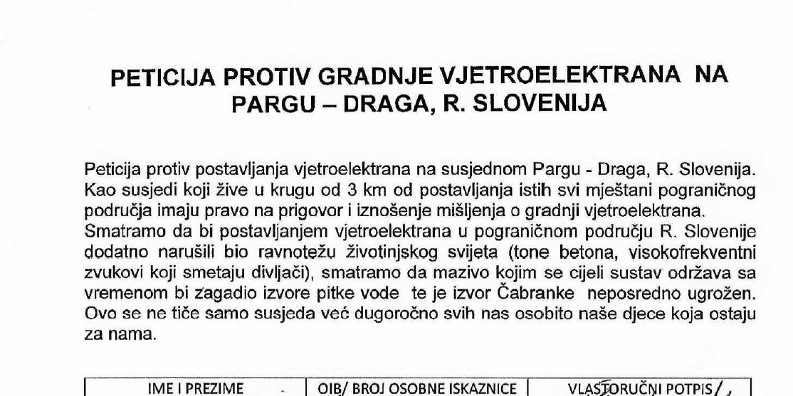 Na občino ponovno vročili podpise proti gradnji VE na Pargu, nasprotujejo tudi prebivalci Čabra